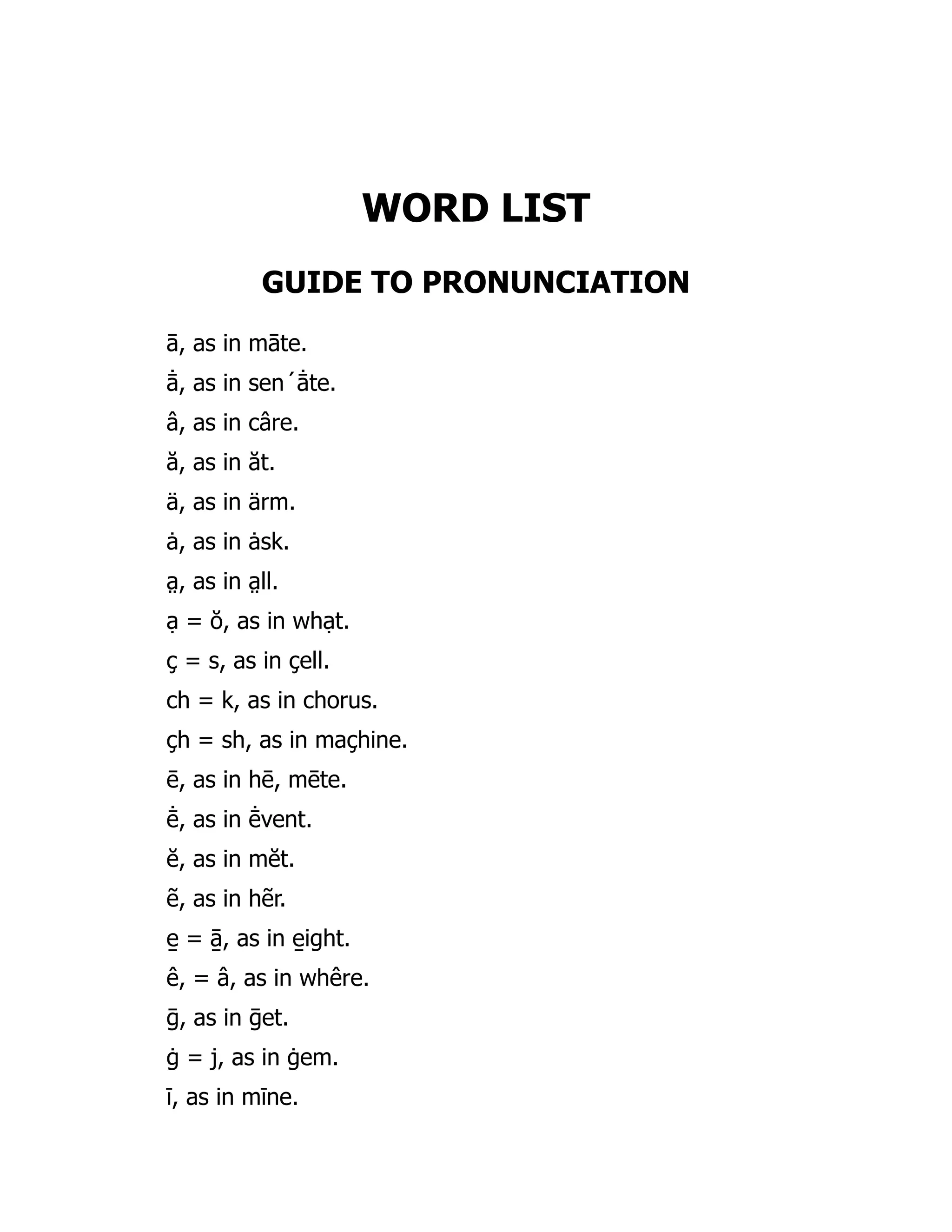 WORD LIST
GUIDE TO PRONUNCIATION
ā, as in māte.
ā̇ , as in sen´ā̇ te.
â, as in câre.
ă, as in ăt.
ä, as in ärm.
ȧ, as in ȧsk.
a̤ , as in a̤ ll.
ạ = ŏ, as in whạt.
ç = s, as in çell.
ch = k, as in chorus.
çh = sh, as in maçhine.
ē, as in hē, mēte.
ē̇ , as in ē̇ vent.
ĕ, as in mĕt.
ẽ, as in hẽr.
e̱ = ā̱ , as in e̱ ight.
ê, = â, as in whêre.
ḡ, as in ḡet.
ġ = j, as in ġem.
ī, as in mīne.
 