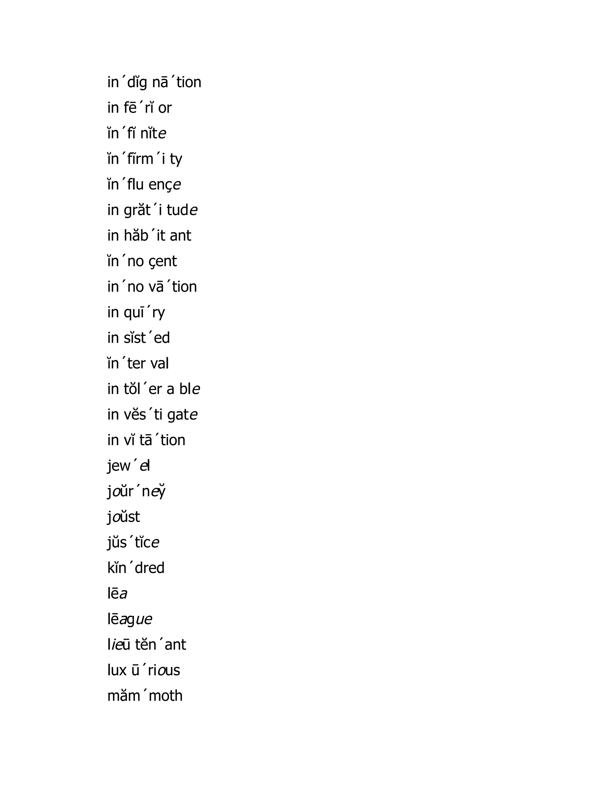 in´dĭg nā´tion
in fē´rĭ or
ĭn´fĭ nĭte
ĭn´fĩrm´i ty
ĭn´flu ençe
in grăt´i tude
in hăb´it ant
ĭn´no çent
in´no vā´tion
in quī´ry
in sĭst´ed
ĭn´ter val
in tŏl´er a ble
in vĕs´ti gate
in vĭ tā´tion
jew´el
joŭr´ney̆
joŭst
jŭs´tĭce
kĭn´dred
lēa
lēague
lieū tĕn´ant
lux ū´rious
măm´moth
 