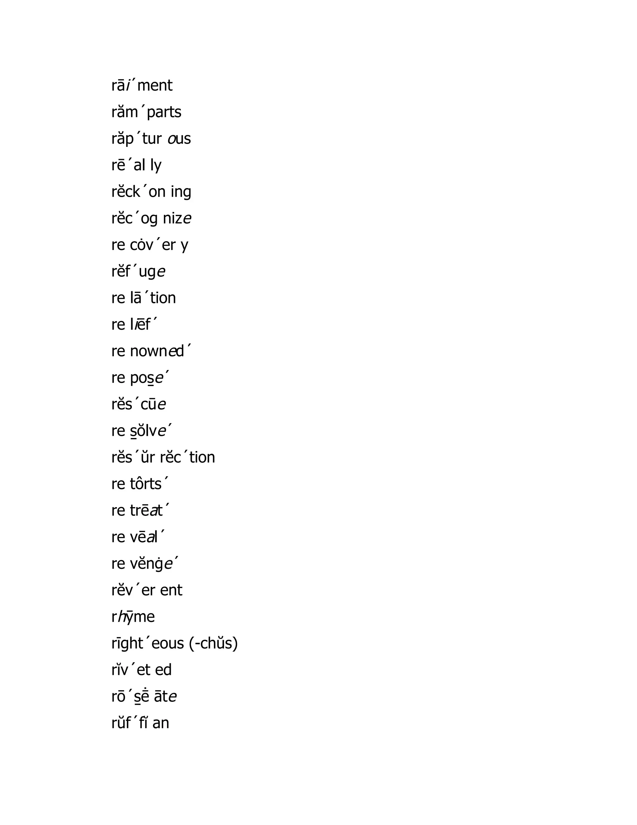 rāi´ment
răm´parts
răp´tur ous
rē´al ly
rĕck´on ing
rĕc´og nize
re cȯv´er y
rĕf´uge
re lā´tion
re liēf´
re nowned´
re pos̱ e´
rĕs´cūe
re s̱ ŏlve´
rĕs´ŭr rĕc´tion
re tôrts´
re trēat´
re vēal´
re vĕnġe´
rĕv´er ent
rhȳme
rīght´eous (-chŭs)
rĭv´et ed
rō´s̱ ē̇ āte
rŭf´fĭ an
 