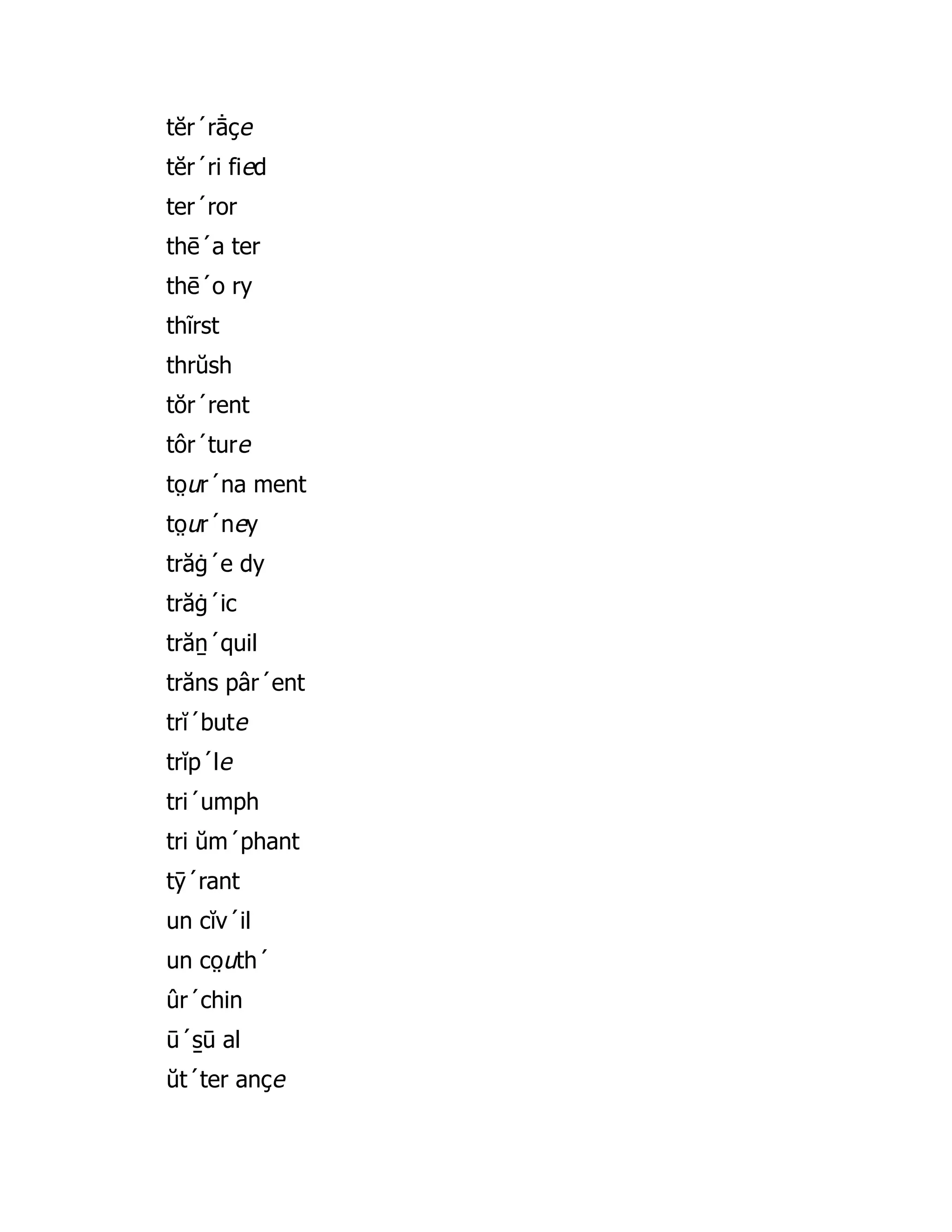 tĕr´rā̇ çe
tĕr´ri fied
ter´ror
thē´a ter
thē´o ry
thĩrst
thrŭsh
tŏr´rent
tôr´ture
to̤ ur´na ment
to̤ ur´ney
trăġ´e dy
trăġ´ic
trăṉ´quil
trăns pâr´ent
trĭ´bute
trĭp´le
tri´umph
tri ŭm´phant
tȳ´rant
un cĭv´il
un co̤ uth´
ûr´chin
ū´s̱ ū al
ŭt´ter ançe
 