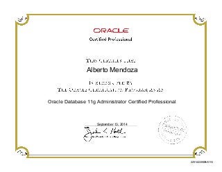 Alberto Mendoza
Oracle Database 11g Administrator Certified Professional
September 13, 2014
225144335DBA11G
 
