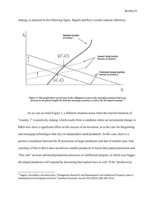 Bentley 23
sloping, as depicted in the following figure, Bagchi and Roy’s results indicate otherwise.
Figure 3: This graph shows an increase in the willingness to pay in the emerging economy lead to an
increase in the patent lengths for both the emerging economy as well as the developed economy.21
As we can see from Figure 3, a different situation arises when the reaction function of
“country 1” is positively sloping, which results from a condition where an incremental change in
R&D does have a significant effect on the success of an invention, as is the case for burgeoning
and emerging technologies that rely on independent small producers. In this case, there is a
positive correlation between the IP protection of larger producers and that of smaller ones. One
corrolary of this is that it does incentivize smaller producers to lower their patent protection and
“free ride” on more advanced production processes or intellectual propery, in which case bigger,
developed producers will respond by decreasing their patent laws as well. If the “productivity
21
Bagchi, Aniruddha, and Abuts Roy. "Endogenous Research and Development and Intellectual Property Laws in
Developed and Emerging Economies." Southern Economic Journal 78.3 (2012): 895-930. Print.
 