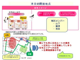 実現イメージ 
最適経路提供サービス 
遅延・混雑情報の提供と 
回避の方法 
来街者の利便性と 
地域住民の不安解消 
従来はここまで 
検討メンバー 
　・山下 
　・藤津 
　・和田 
本日の開始地点 
混雑状況や通行止め情報などからの 
　　　　　迂回路情報の提供はすでに試みられている。 
出発 
到着 
・誰にでも同じ迂回ルートの提供 
　　＞迂回ルートが混雑してしまう 
・住宅エリアへの迂回 
　　＞住環境侵害の不安 
ちょっと歩くけど、こっちの 
ルートなら混雑にあわないよ 
。 
駅周辺はパンク状態 
バスのほうがいいかも 
住宅街は通らないでね。 
Map引用　gsi.go.jp 
 