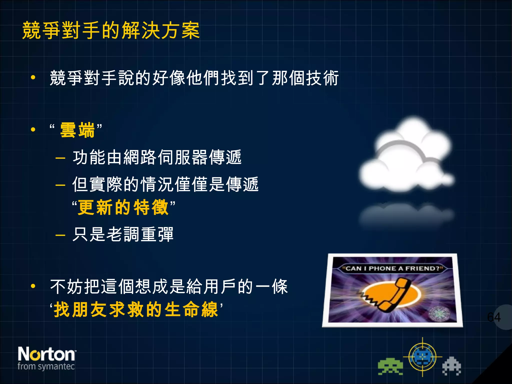 競爭對手的解決方案 競爭對手說的好像他們找到了那個技術 “ 雲端 ” 功能由網路伺服器傳遞 但實際的情況僅僅是傳遞  “ 更新的特徵 ” 只是老調重彈 不妨把這個想成是給用戶的一條 ‘ 找朋友求救的生命線 ’ 