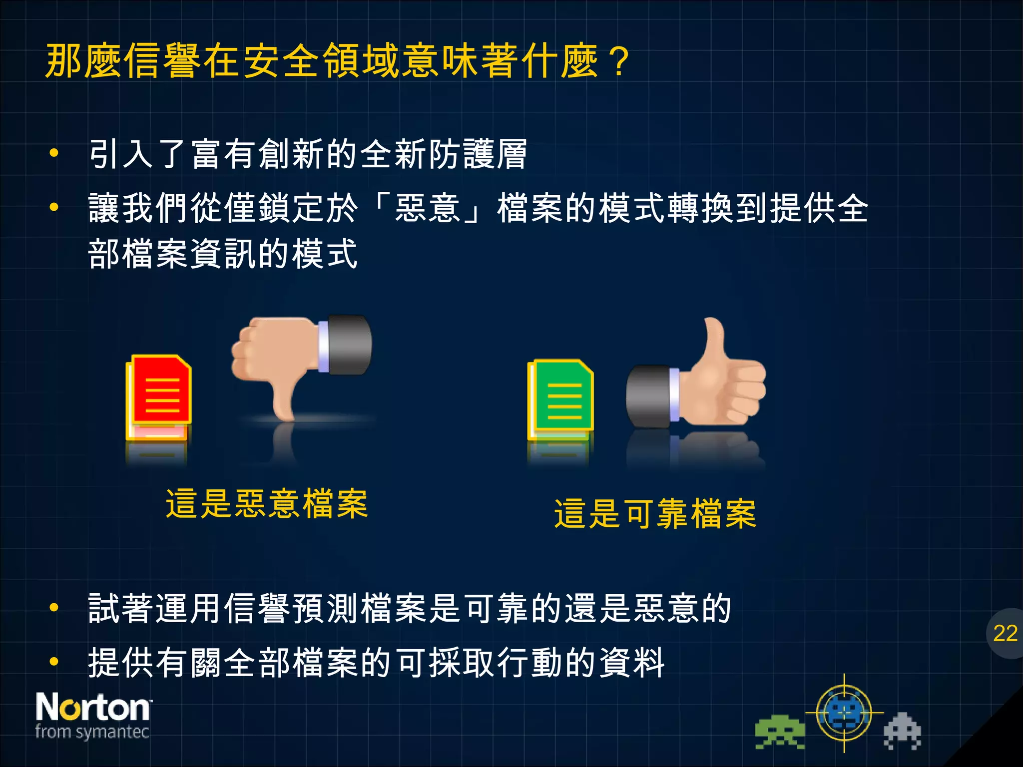 那麼信譽在安全領域意味著什麼？ 引入了富有創新的全新防護層 讓我們從僅鎖定於「惡意」檔案的模式轉換到提供全部檔案資訊的模式  試著運用信譽預測檔案是可靠的還是惡意的 提供有關全部檔案的可採取行動的資料 22 這是惡意檔案 這是可靠檔案 