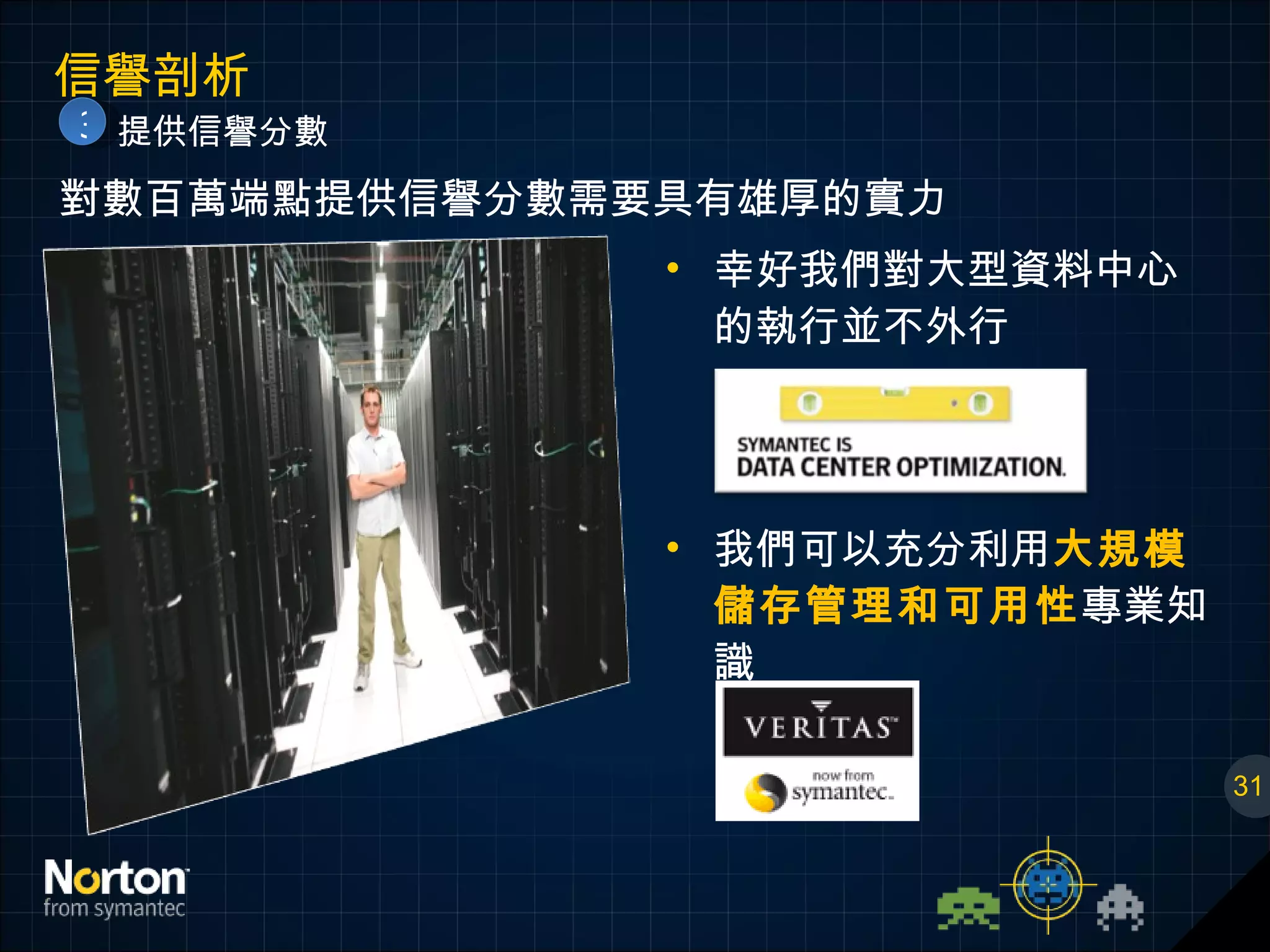 信譽剖析 提供信譽分數 幸好我們對大型資料中心的執行並不外行 我們可以充分利用 大規模儲存管理和可用性 專業知識 31 對數百萬端點提供信譽分數需要具有雄厚的實力 3 