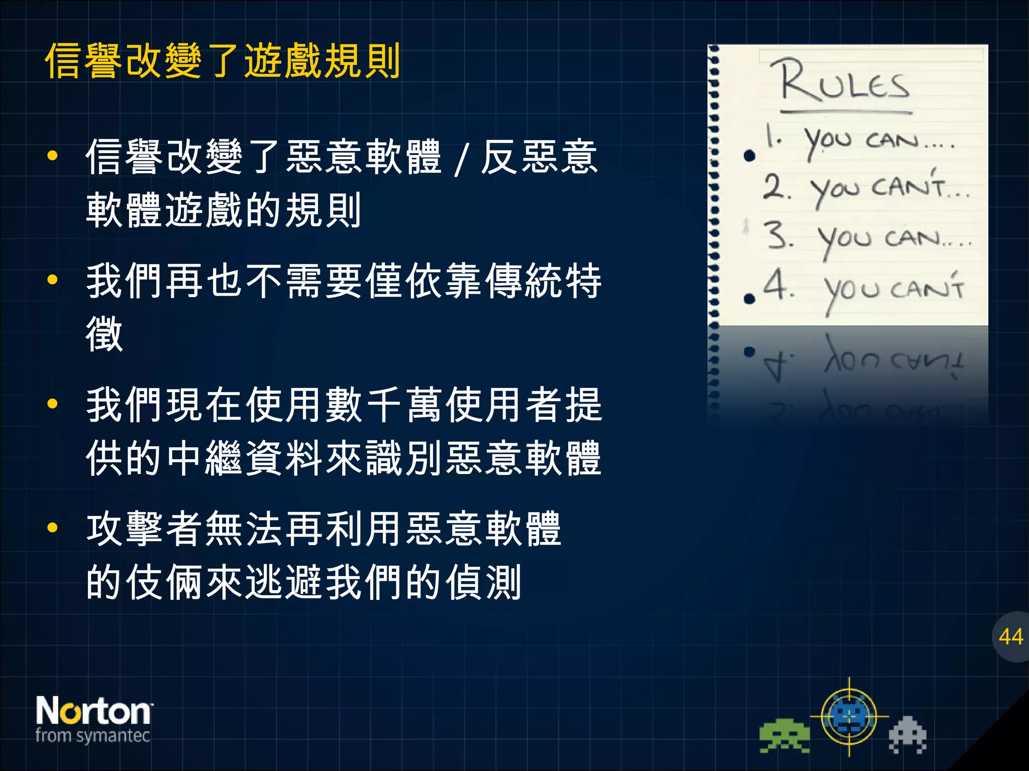 信譽改變了遊戲規則 信譽改變了惡意軟體 / 反惡意軟體遊戲的規則 我們再也不需要僅依靠傳統特徵 我們現在使用數千萬使用者提供的中繼資料來識別惡意軟體 攻擊者無法再利用惡意軟體 的伎倆來逃避我們的偵測 44 