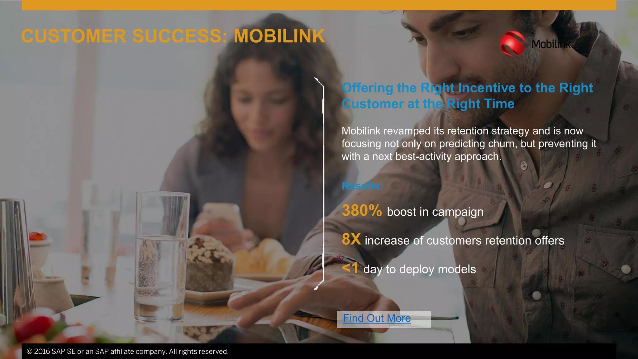 © 2016 SAP SE or an SAP affiliate company. All rights reserved. 10© 2016 SAP SE or an SAP affiliate company. All rights reserved.
CUSTOMER SUCCESS: MOBILINK
Find Out More
Offering the Right Incentive to the Right
Customer at the Right Time
Mobilink revamped its retention strategy and is now
focusing not only on predicting churn, but preventing it
with a next best-activity approach.
Results:
380% boost in campaign
8X increase of customers retention offers
<1 day to deploy models
 