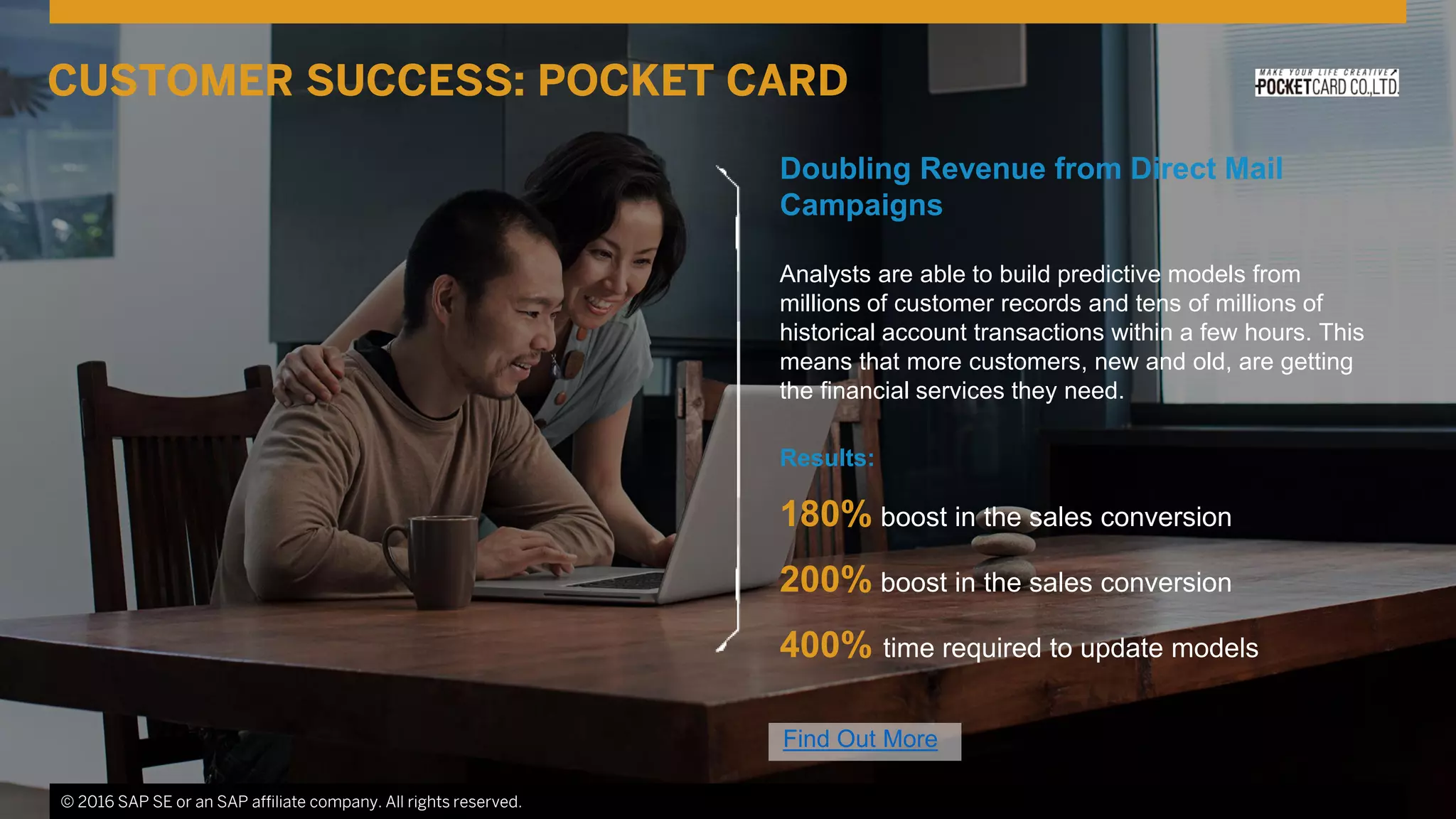 © 2016 SAP SE or an SAP affiliate company. All rights reserved. 18
Doubling Revenue from Direct Mail
Campaigns
Analysts are able to build predictive models from
millions of customer records and tens of millions of
historical account transactions within a few hours. This
means that more customers, new and old, are getting
the financial services they need.
Results:
180% boost in the sales conversion
200% boost in the sales conversion
400% time required to update models
© 2016 SAP SE or an SAP affiliate company. All rights reserved.
CUSTOMER SUCCESS: POCKET CARD
Find Out More
 