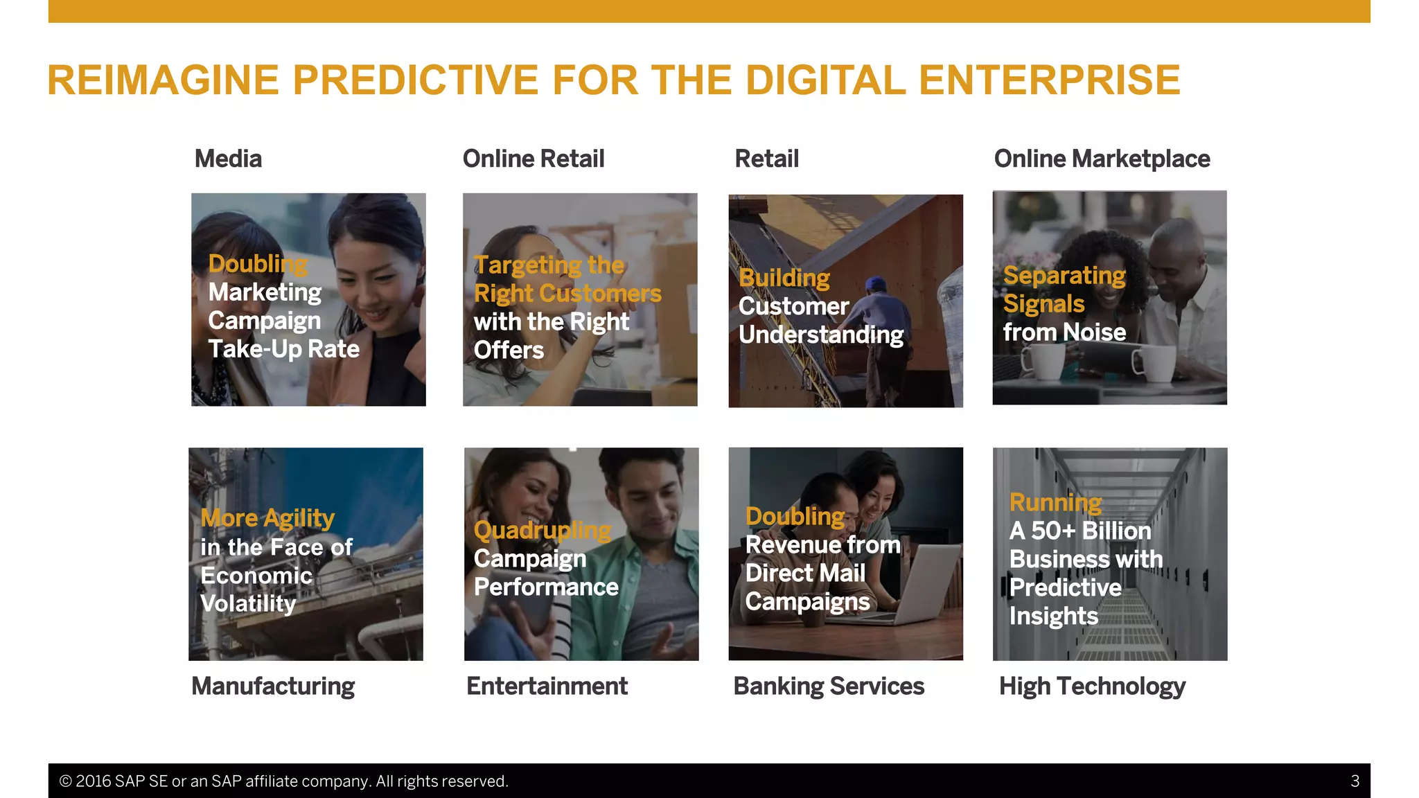 © 2016 SAP SE or an SAP affiliate company. All rights reserved. 3
Doubling
Marketing
Campaign
Take-Up Rate
Targeting the
Right Customers
with the Right
Offers
REIMAGINE PREDICTIVE FOR THE DIGITAL ENTERPRISE
Building
Customer
Understanding
Separating
Signals
from Noise
More Agility
in the Face of
Economic
Volatility
Quadrupling
Campaign
Performance
Media Online Retail Retail Online Marketplace
Manufacturing Entertainment Banking Services High Technology
Doubling
Revenue from
Direct Mail
Campaigns
Running
A 50+ Billion
Business with
Predictive
Insights
 