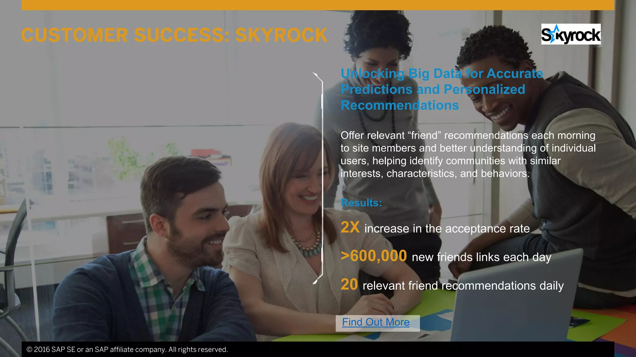 © 2016 SAP SE or an SAP affiliate company. All rights reserved. 9
Unlocking Big Data for Accurate
Predictions and Personalized
Recommendations
Offer relevant “friend” recommendations each morning
to site members and better understanding of individual
users, helping identify communities with similar
interests, characteristics, and behaviors.
Results:
2X increase in the acceptance rate
>600,000 new friends links each day
20 relevant friend recommendations daily
© 2016 SAP SE or an SAP affiliate company. All rights reserved.
CUSTOMER SUCCESS: SKYROCK
Find Out More
 