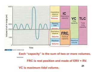 IC
                                      Volume          VC TLC

                                       Volume


                                                FRC
                                       Volume


                                       Volume


Source Undetermined


          Each “capacity” is the sum of two or more volumes.

                      FRC is rest position and made of ERV + RV.
                                                            21
          VC is maximum tidal volume.
 
