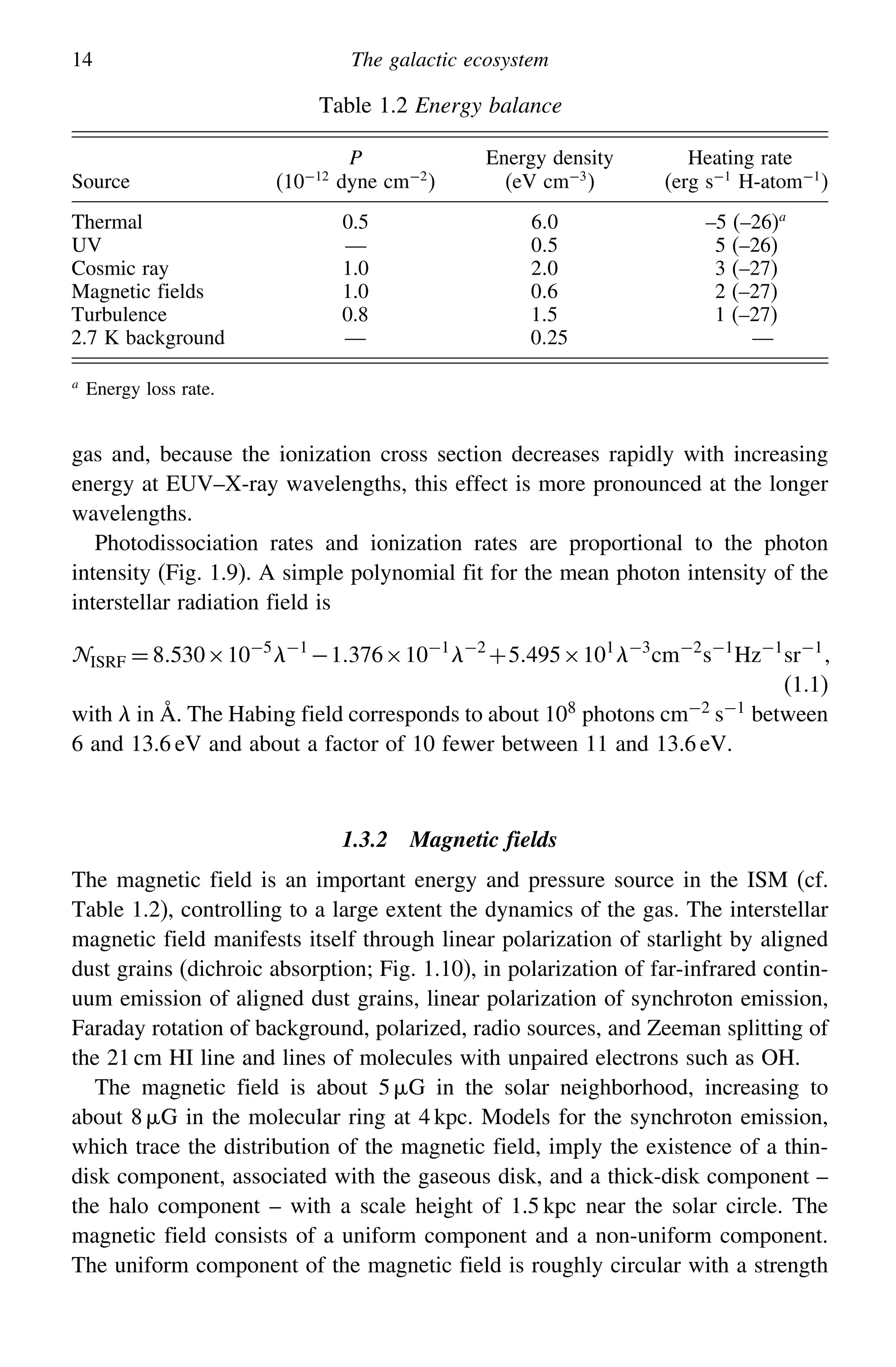 14 The galactic ecosystem
Table 1.2 Energy balance
Source
P Energy density Heating rate
(10−12
dyne cm−2
) (eV cm−3
) (erg s−1
H-atom−1
)
Thermal 0.5 60 –5 (–26)a
UV — 05 5 (–26)
Cosmic ray 1.0 20 3 (–27)
Magnetic fields 1.0 06 2 (–27)
Turbulence 0.8 15 1 (–27)
2.7 K background — 025 —
a
Energy loss rate.
gas and, because the ionization cross section decreases rapidly with increasing
energy at EUV–X-ray wavelengths, this effect is more pronounced at the longer
wavelengths.
Photodissociation rates and ionization rates are proportional to the photon
intensity (Fig. 1.9). A simple polynomial fit for the mean photon intensity of the
interstellar radiation field is
ISRF = 8530×10−5
−1
−1376×10−1
−2
+5495×101
−3
cm−2
s−1
Hz−1
sr−1

(1.1)
with  in Å. The Habing field corresponds to about 108
photons cm−2
s−1
between
6 and 13.6 eV and about a factor of 10 fewer between 11 and 13.6 eV.
1.3.2 Magnetic fields
The magnetic field is an important energy and pressure source in the ISM (cf.
Table 1.2), controlling to a large extent the dynamics of the gas. The interstellar
magnetic field manifests itself through linear polarization of starlight by aligned
dust grains (dichroic absorption; Fig. 1.10), in polarization of far-infrared contin-
uum emission of aligned dust grains, linear polarization of synchroton emission,
Faraday rotation of background, polarized, radio sources, and Zeeman splitting of
the 21 cm HI line and lines of molecules with unpaired electrons such as OH.
The magnetic field is about 5 G in the solar neighborhood, increasing to
about 8 G in the molecular ring at 4 kpc. Models for the synchroton emission,
which trace the distribution of the magnetic field, imply the existence of a thin-
disk component, associated with the gaseous disk, and a thick-disk component –
the halo component – with a scale height of 1.5 kpc near the solar circle. The
magnetic field consists of a uniform component and a non-uniform component.
The uniform component of the magnetic field is roughly circular with a strength
 