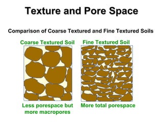 Comparison of Coarse Textured and Fine Textured Soils  Coarse Textured Soil Less porespace but more macropores Fine Textured Soil More total porespace Texture and Pore Space 