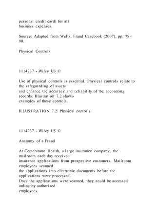 personal credit card) for all
business expenses.
Source: Adapted from Wells, Fraud Casebook (2007), pp. 79–
90.
Physical Controls
1114237 - Wiley US ©
Use of physical controls is essential. Physical controls relate to
the safeguarding of assets
and enhance the accuracy and reliability of the accounting
records. Illustration 7.2 shows
examples of these controls.
ILLUSTRATION 7.2 Physical controls
1114237 - Wiley US ©
Anatomy of a Fraud
At Centerstone Health, a large insurance company, the
mailroom each day received
insurance applications from prospective customers. Mailroom
employees scanned
the applications into electronic documents before the
applications were processed.
Once the applications were scanned, they could be accessed
online by authorized
employees.
 