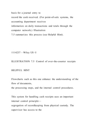 basis for a journal entry to
record the cash received. (For point-of-sale systems, the
accounting department receives
information on daily transactions and totals through the
computer network.) Illustration
7.5 summarizes this process (see Helpful Hint).
1114237 - Wiley US ©
ILLUSTRATION 7.5 Control of over-the-counter receipts
HELPFUL HINT
Flowcharts such as this one enhance the understanding of the
flow of documents,
the processing steps, and the internal control procedures.
This system for handling cash receipts uses an important
internal control principle—
segregation of recordkeeping from physical custody. The
supervisor has access to the
 