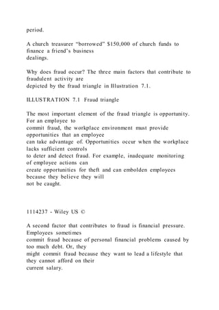 period.
A church treasurer “borrowed” $150,000 of church funds to
finance a friend’s business
dealings.
Why does fraud occur? The three main factors that contribute to
fraudulent activity are
depicted by the fraud triangle in Illustration 7.1.
ILLUSTRATION 7.1 Fraud triangle
The most important element of the fraud triangle is opportunity.
For an employee to
commit fraud, the workplace environment must provide
opportunities that an employee
can take advantage of. Opportunities occur when the workplace
lacks sufficient controls
to deter and detect fraud. For example, inadequate monitoring
of employee actions can
create opportunities for theft and can embolden employees
because they believe they will
not be caught.
1114237 - Wiley US ©
A second factor that contributes to fraud is financial pressure.
Employees sometimes
commit fraud because of personal financial problems caused by
too much debt. Or, they
might commit fraud because they want to lead a lifestyle that
they cannot afford on their
current salary.
 