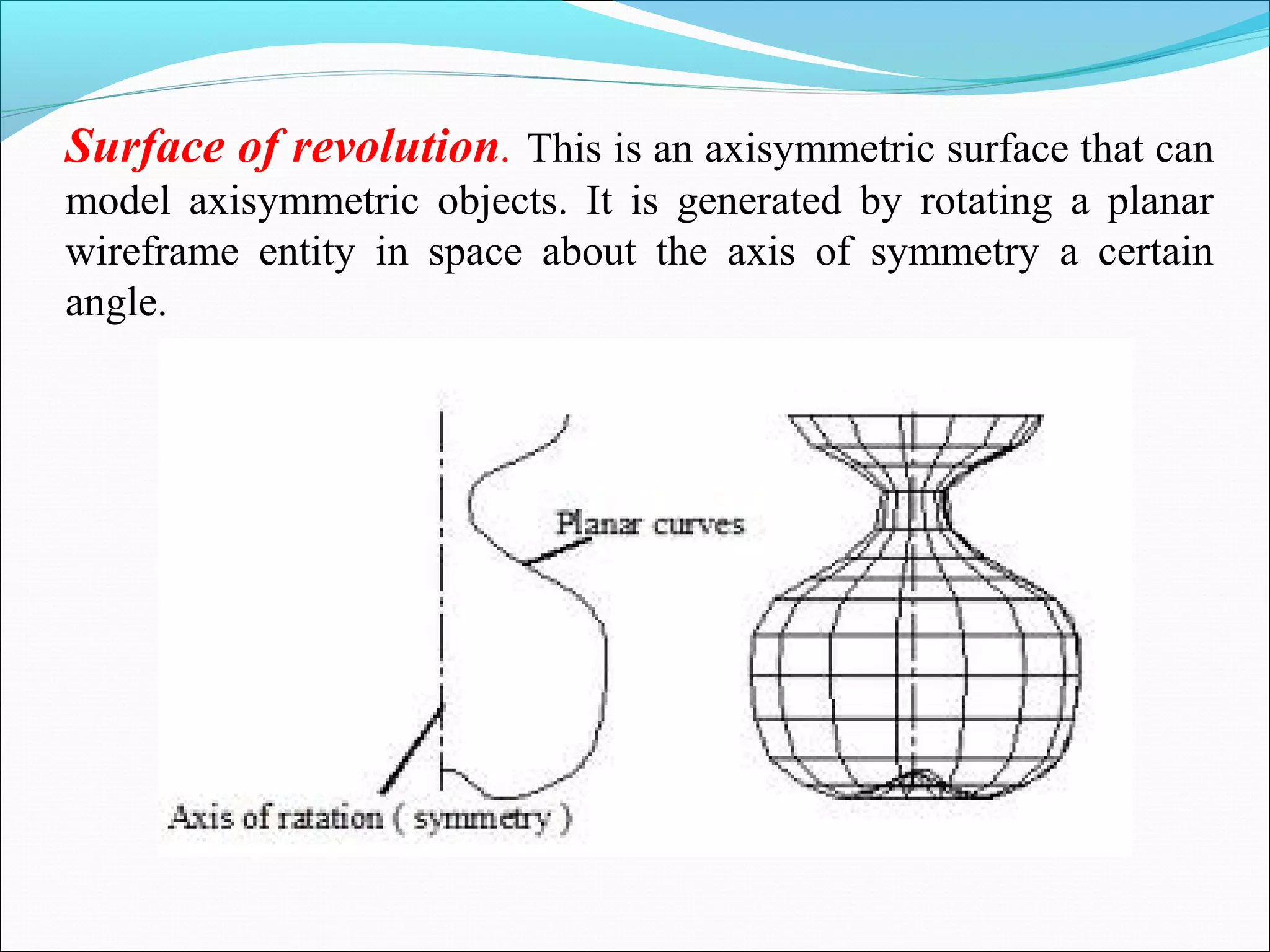 Surface of revolution. This is an axisymmetric surface that can
model axisymmetric objects. It is generated by rotating a planar
wireframe entity in space about the axis of symmetry a certain
angle.
 