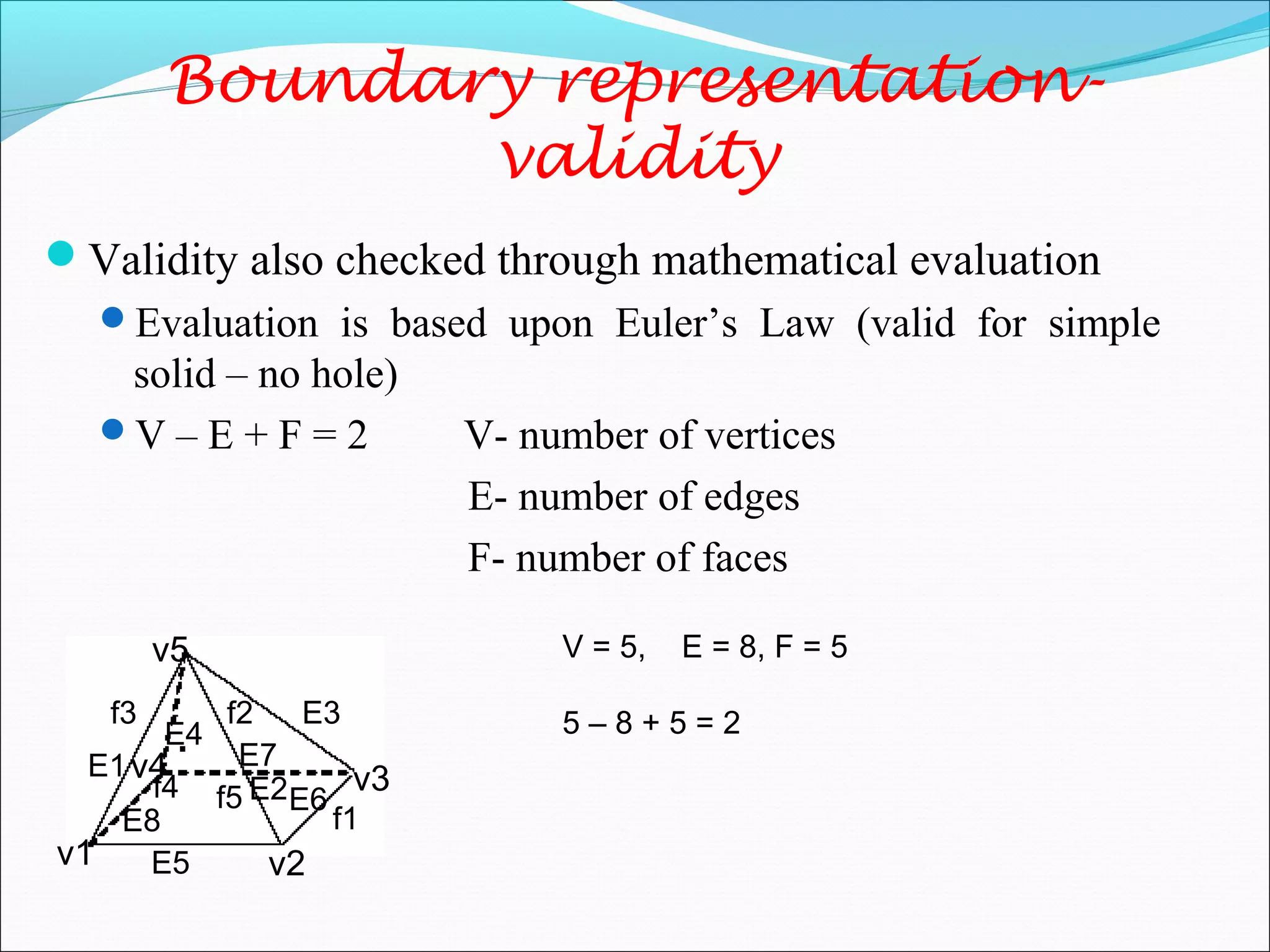 Validity also checked through mathematical evaluation
Evaluation is based upon Euler’s Law (valid for simple
solid – no hole)
V – E + F = 2 V- number of vertices
E- number of edges
F- number of faces
Boundary representation-
validity
f1
f2f3
f4 f5
E1
E2
E3
E4
E5
E6
E7
E8
v2
v3v4
v5 V = 5, E = 8, F = 5
5 – 8 + 5 = 2
v1
 
