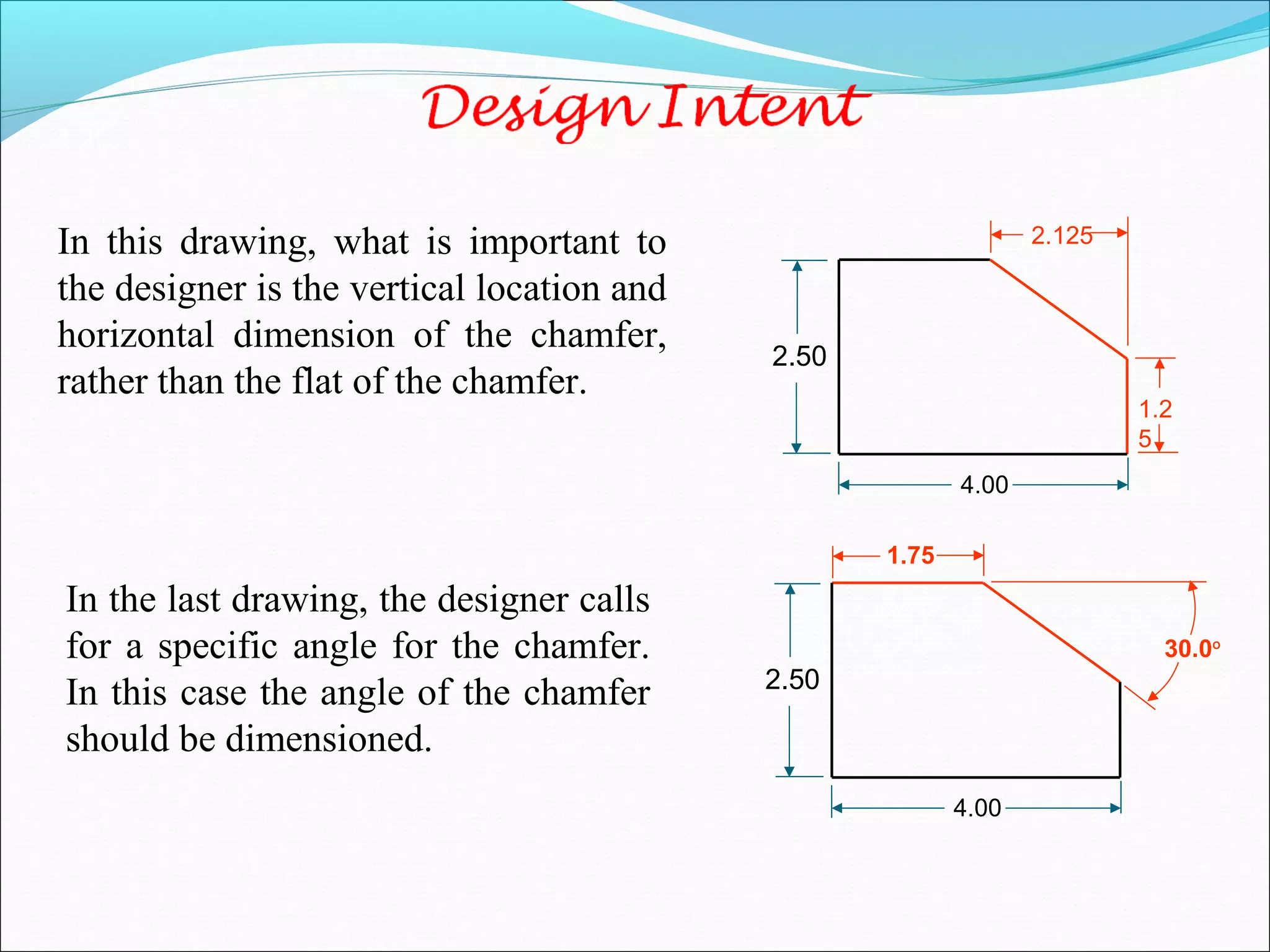 In this drawing, what is important to
the designer is the vertical location and
horizontal dimension of the chamfer,
rather than the flat of the chamfer.
2.50
4.00
1.2
5
2.125
In the last drawing, the designer calls
for a specific angle for the chamfer.
In this case the angle of the chamfer
should be dimensioned.
2.50
4.00
1.75
30.0O
 