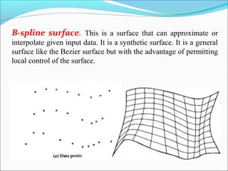 B-spline surface. This is a surface that can approximate or
interpolate given input data. It is a synthetic surface. It is a general
surface like the Bezier surface but with the advantage of permitting
local control of the surface.
 