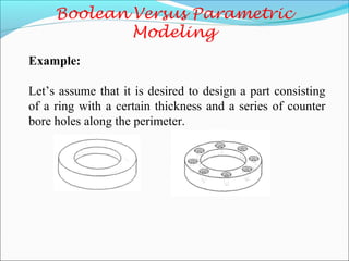 Example:
Let’s assume that it is desired to design a part consisting
of a ring with a certain thickness and a series of counter
bore holes along the perimeter.
 
