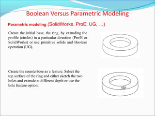 Parametric modeling (SolidWorks, ProE, UG, …)
Create the initial base, the ring, by extruding the
profile (circles) in a particular direction (Pro/E or
SolidWorks) or use primitive solids and Boolean
operation (UG).
Create the counterbore as a feature. Select the
top surface of the ring and either sketch the two
holes and extrude at different depth or use the
hole feature option.
 