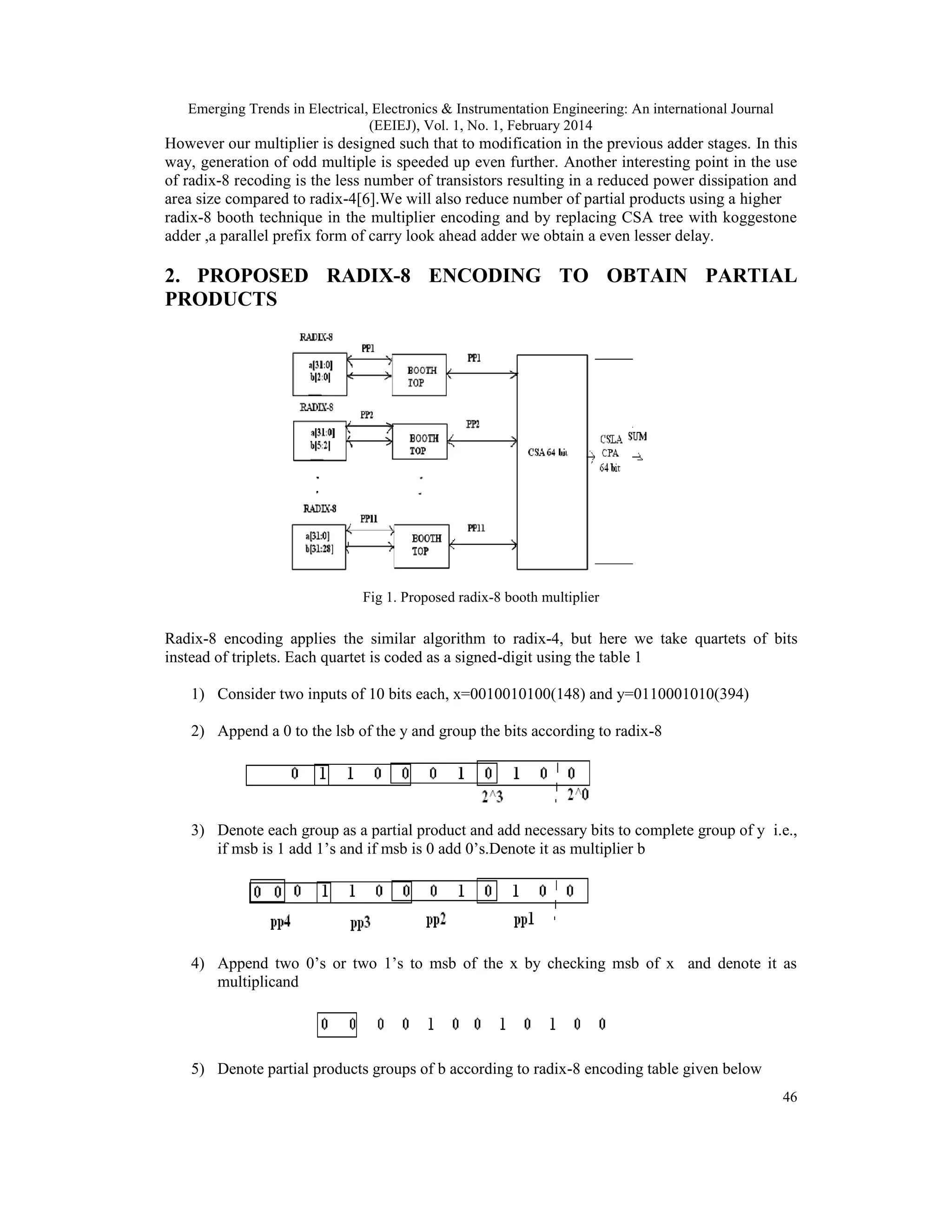 Emerging Trends in Electrical, Electronics & Instrumentation Engineering: An international Journal
(EEIEJ), Vol. 1, No. 1, February 2014
46
However our multiplier is designed such that to modification in the previous adder stages. In this
way, generation of odd multiple is speeded up even further. Another interesting point in the use
of radix-8 recoding is the less number of transistors resulting in a reduced power dissipation and
area size compared to radix-4[6].We will also reduce number of partial products using a higher
radix-8 booth technique in the multiplier encoding and by replacing CSA tree with koggestone
adder ,a parallel prefix form of carry look ahead adder we obtain a even lesser delay.
2. PROPOSED RADIX-8 ENCODING TO OBTAIN PARTIAL
PRODUCTS
Fig 1. Proposed radix-8 booth multiplier
Radix-8 encoding applies the similar algorithm to radix-4, but here we take quartets of bits
instead of triplets. Each quartet is coded as a signed-digit using the table 1
1) Consider two inputs of 10 bits each, x=0010010100(148) and y=0110001010(394)
2) Append a 0 to the lsb of the y and group the bits according to radix-8
3) Denote each group as a partial product and add necessary bits to complete group of y i.e.,
if msb is 1 add 1’s and if msb is 0 add 0’s.Denote it as multiplier b
4) Append two 0’s or two 1’s to msb of the x by checking msb of x and denote it as
multiplicand
5) Denote partial products groups of b according to radix-8 encoding table given below
 