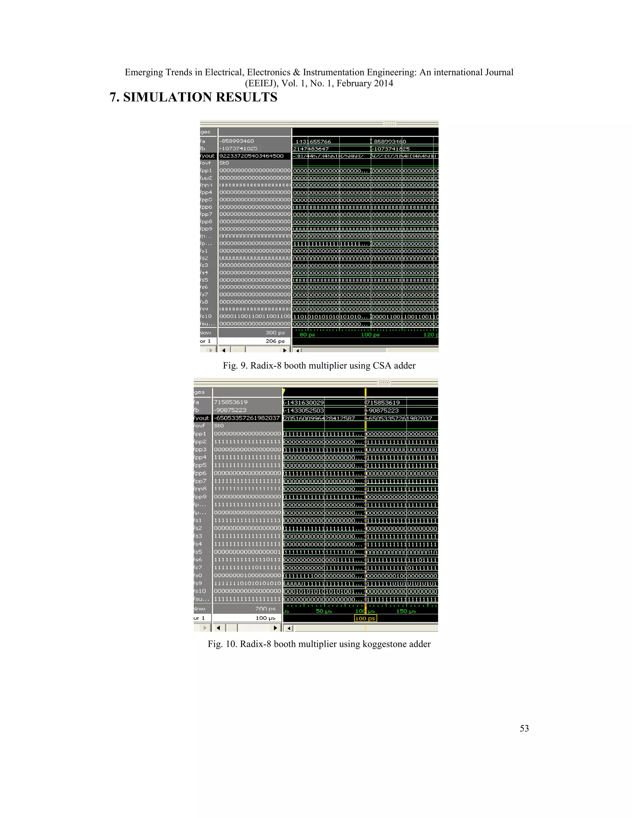 Emerging Trends in Electrical, Electronics & Instrumentation Engineering: An international Journal
(EEIEJ), Vol. 1, No. 1, February 2014
53
7. SIMULATION RESULTS
Fig. 9. Radix-8 booth multiplier using CSA adder
Fig. 10. Radix-8 booth multiplier using koggestone adder
 