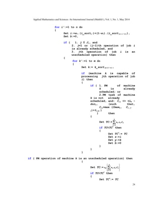Applied Mathematics and Sciences: An International Journal (MathSJ ), Vol. 1, No. 1, May 2014
24
for i’:=1 to n do
{
Set i:=x7.(i_sorti’)+(1-x7).(i_sort(n-i’+1)),
Set b:=0,
if ( 1. j ≤ Ji, and
2. j=1 or (j-1)th operation of job i
is already scheduled, and
3. jth operation of job i is an
unscheduled operation) then
{
for k’:=1 to m do
{
Set k:= k_sort(m-k’+1),
if (machine k is capable of
processing jth operation of job
i) then
{
if ( 1. PM of machine
k is already
scheduled; or
2.PM task of machine
k is not already
scheduled, and: Cij <= tLk -
durk, (such that,
Cij=max (Cmaxk, Ci,j-
1)+tijk )
) then
{
Set TC:= 

5
1r
rrr C.x.w
if TC<TC*
then
{
Set TC*
:= TC
Set z:=i
Set y:=k
Set b:=0
}
}
}
if ( PM operation of machine k is an unscheduled operation) then
{
Set TC:=










5
1r
rrr6 C.x.w.x
if TC<TC*
then
{
Set TC*
:= TC
 