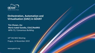 Orchestration, Automation and
Virtualisation (OAV) in GÉANT
www.geant.org
Tim Chown, Jisc
Maria Isabel Gandia, CSUC/RedIRIS
WP6-T2 / Consensus Building
10th SIG-NOC Meeting
Prague, 14 November 2019
 