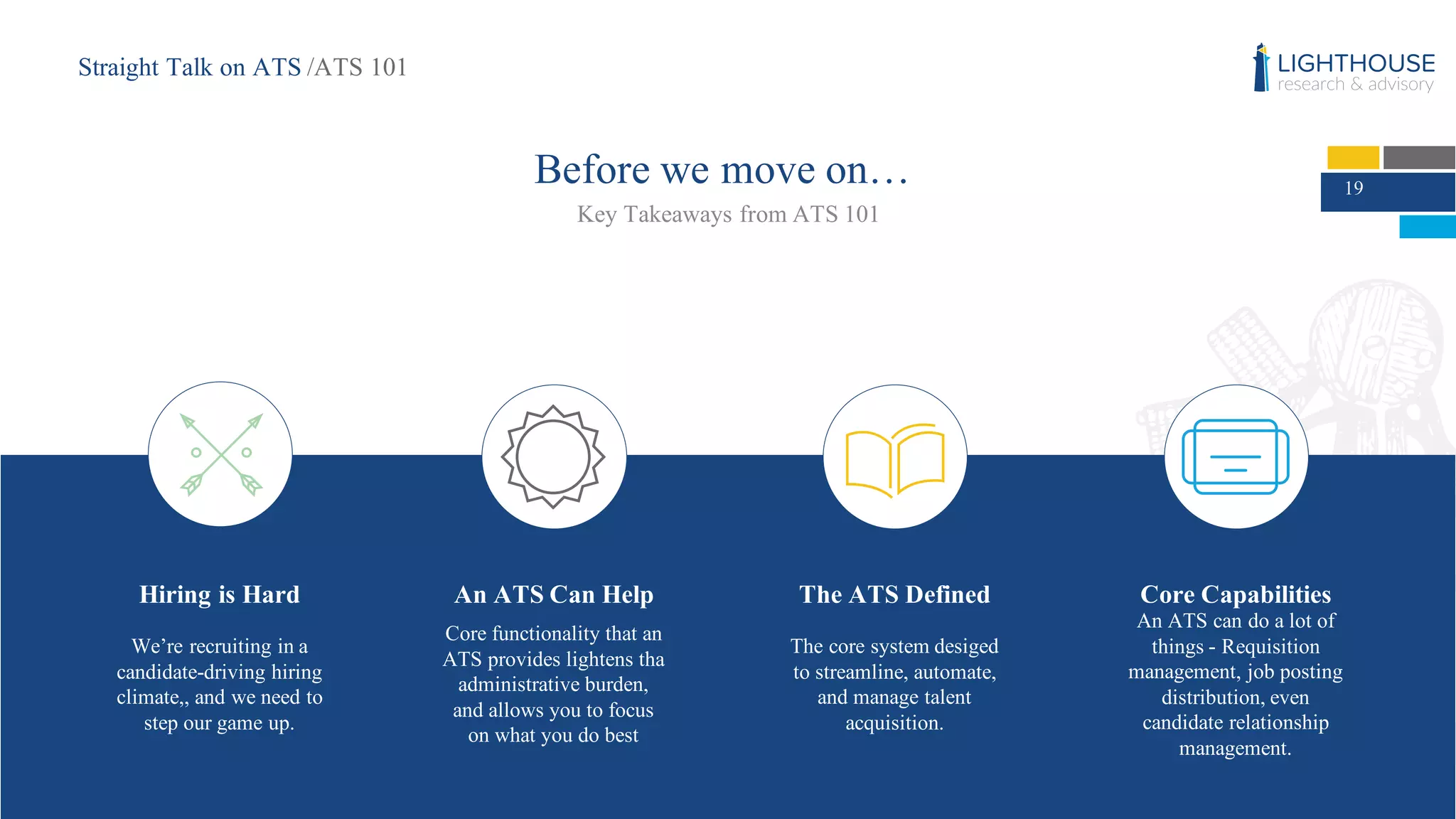 19
Before we move on…
Key Takeaways from ATS 101
An ATS Can Help
Core functionality that an
ATS provides lightens tha
administrative burden,
and allows you to focus
on what you do best
The ATS Defined
The core system desiged
to streamline, automate,
and manage talent
acquisition.
Core Capabilities
An ATS can do a lot of
things - Requisition
management, job posting
distribution, even
candidate relationship
management.
Hiring is Hard
We’re recruiting in a
candidate-driving hiring
climate,, and we need to
step our game up.
Straight Talk on ATS /ATS 101
 