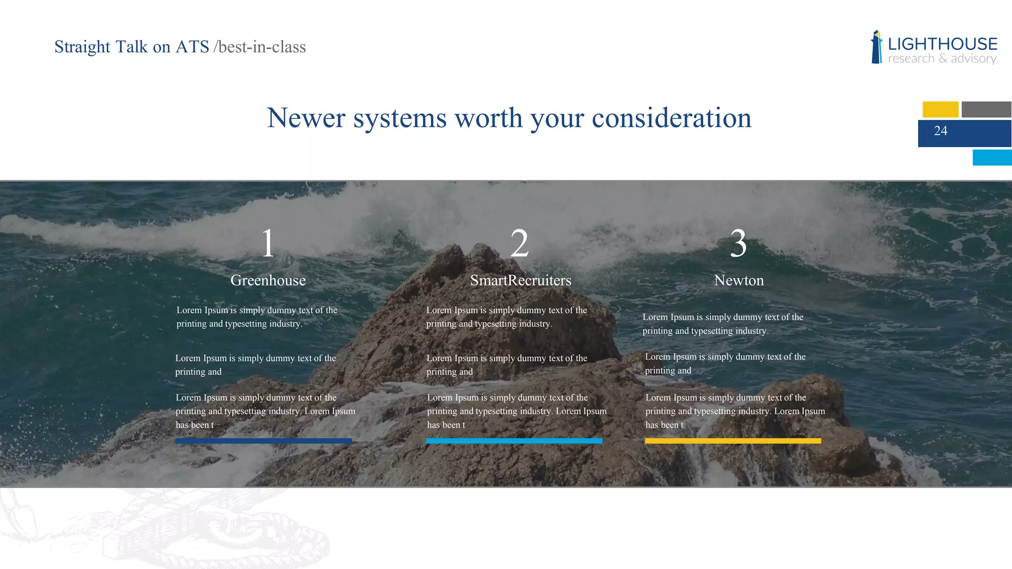 321
Greenhouse
Lorem Ipsum is simply dummy text of the
printing and typesetting industry.
Lorem Ipsum is simply dummy text of the
printing and
Lorem Ipsum is simply dummy text of the
printing and typesetting industry. Lorem Ipsum
has been t
SmartRecruiters
Lorem Ipsum is simply dummy text of the
printing and typesetting industry.
Lorem Ipsum is simply dummy text of the
printing and
Lorem Ipsum is simply dummy text of the
printing and typesetting industry. Lorem Ipsum
has been t
Newton
Lorem Ipsum is simply dummy text of the
printing and typesetting industry.
Lorem Ipsum is simply dummy text of the
printing and
Lorem Ipsum is simply dummy text of the
printing and typesetting industry. Lorem Ipsum
has been t
24
Newer systems worth your consideration
Straight Talk on ATS /best-in-class
 