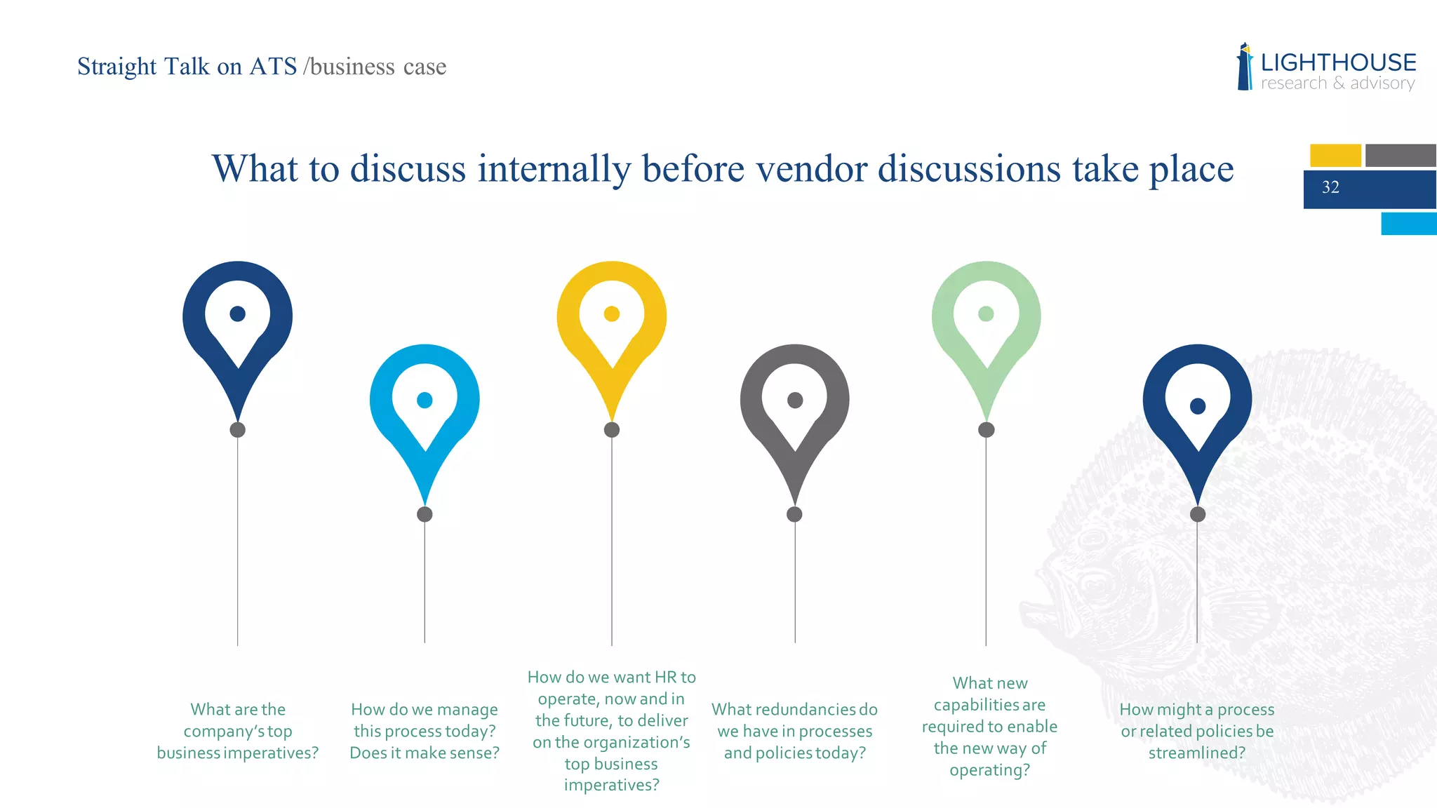 32
What  are  the  
company’s  top  
business  imperatives?
How  do  we  manage  
this  process  today?  
Does  it  make  sense?
How  do  we  want  HR  to  
operate,  now  and  in  
the  future,  to  deliver  
on  the  organization’s  
top  business  
imperatives?
What  redundancies  do  
we  have  in  processes  
and  policies  today?
What  new  
capabilities  are  
required  to  enable  
the  new  way  of  
operating?
How  might  a  process  
or  related  policies  be  
streamlined?
What to discuss internally before vendor discussions take place
Straight Talk on ATS /business case
 
