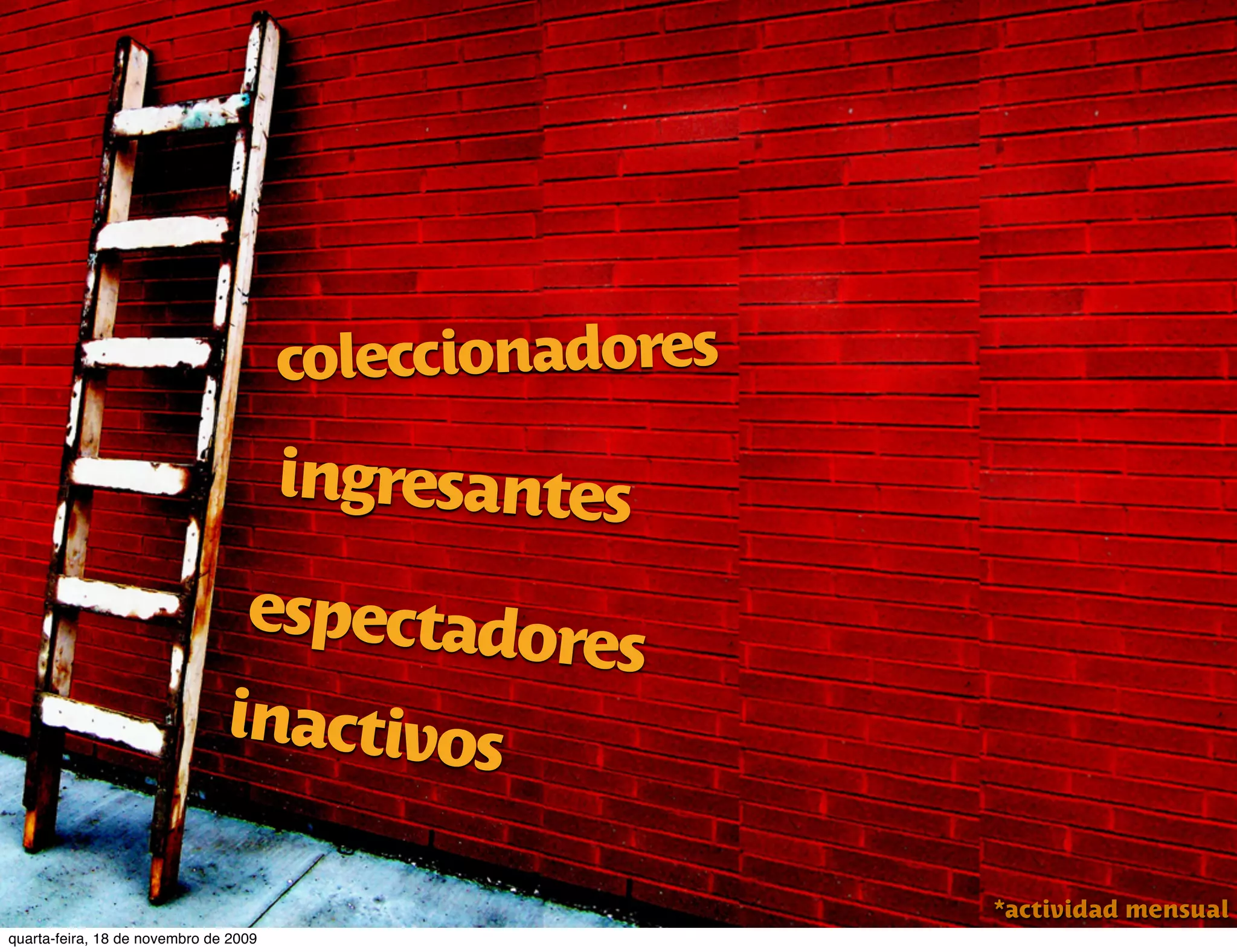 coleccionadores
                                       ingresantes

                                espectado
                                         res
                               inactivos

                                                         *actividad mensual
quarta-feira, 18 de novembro de 2009
 