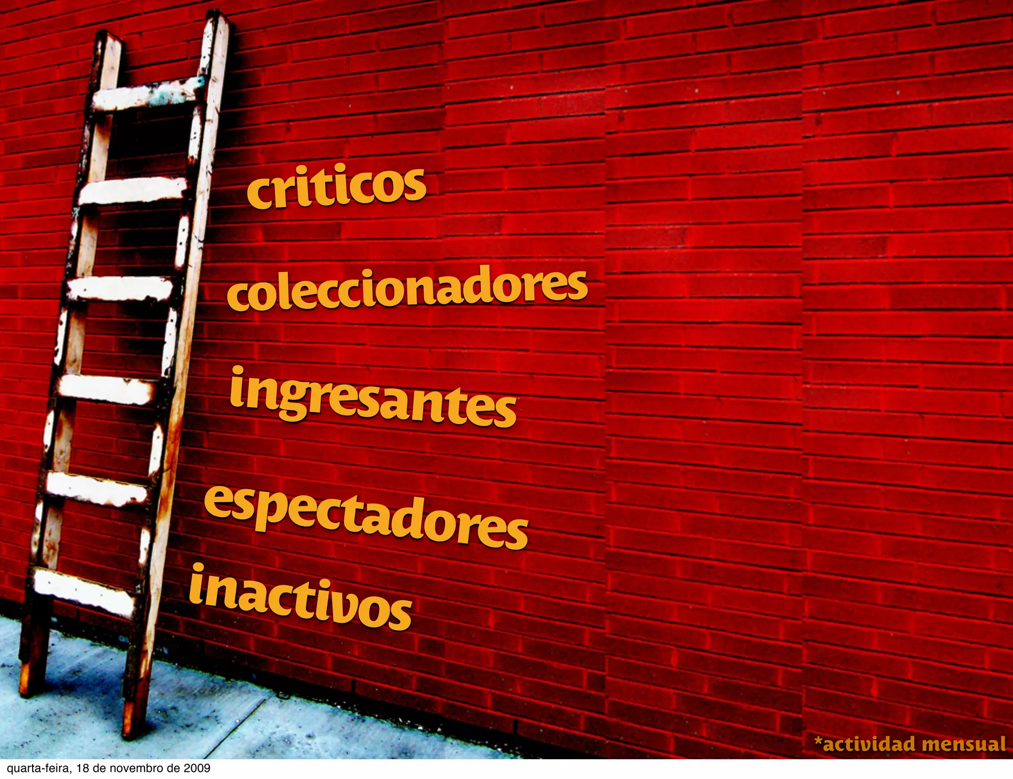 criticos
                                       coleccionadores
                                       ingresantes

                                espectado
                                         res
                               inactivos

                                                         *actividad mensual
quarta-feira, 18 de novembro de 2009
 