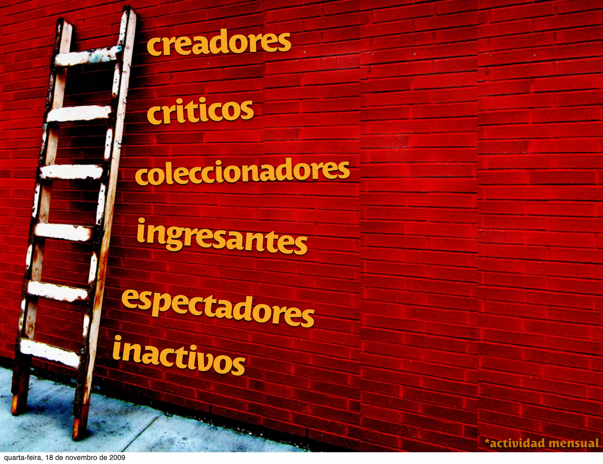 creadores

                                       criticos
                                       coleccionadores
                                       ingresantes

                                espectado
                                         res
                               inactivos

                                                         *actividad mensual
quarta-feira, 18 de novembro de 2009
 