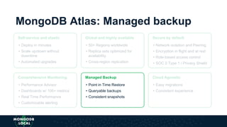Self-service and elastic
• Deploy in minutes
• Scale up/down without
downtime
• Automated upgrades
MongoDB Atlas: Managed backup
Global and highly available
• 50+ Regions worldwide
• Replica sets optimized for
availability
• Cross-region replication
Secure by default
• Network isolation and Peering
• Encryption in flight and at rest
• Role-based access control
• SOC 2 Type 1 / Privacy Shield
Comprehensive Monitoring
• Performance Advisor
• Dashboards w/ 100+ metrics
• Real Time Performance
• Customizable alerting
Cloud Agnostic
• Easy migrations
• Consistent experience
Managed Backup
• Point in Time Restore
• Queryable backups
• Consistent snapshots
 
