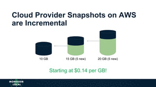 Cloud Provider Snapshots on AWS
are Incremental
Starting at $0.14 per GB!
10 GB 15 GB (5 new) 20 GB (5 new)
 