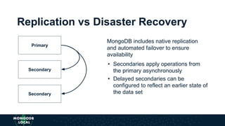 Primary
Secondary
Secondary
Replication vs Disaster Recovery
MongoDB includes native replication
and automated failover to ensure
availability
• Secondaries apply operations from
the primary asynchronously
• Delayed secondaries can be
configured to reflect an earlier state of
the data set
 