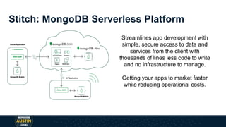 Stitch: MongoDB Serverless Platform
Streamlines app development with
simple, secure access to data and
services from the client with
thousands of lines less code to write
and no infrastructure to manage.
Getting your apps to market faster
while reducing operational costs.
 