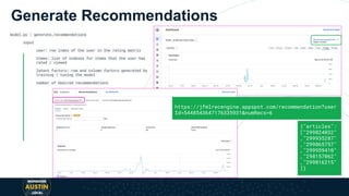 Generate Recommendations
model.py : generate_recommendations
input
user: row index of the user in the rating matrix
items: list of indexes for items that the user has
rated / viewed
latent factors: row and column factors generated by
training / tuning the model
number of desired recommendations
https://jfmlrecengine.appspot.com/recommendation?user
Id=5448543647176335931&numRecs=6
{"articles":
["299824032"
,"299935287"
,"299865757"
,"299959410"
,"298157062"
,"299816215"
]}
 