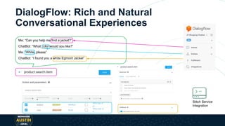 Me: “Can you help me find a jacket?”
ChatBot: “What color would you like?”
Me: “White, please”
ChatBot: “I found you a white Egmont Jacket”
DialogFlow: Rich and Natural
Conversational Experiences
Stitch Service
Integration
 
