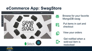 eCommerce App: SwagStore
Get notified when a
sold-out item is
restocked
Browse for your favorite
MongoDB swag
Put items in cart and
checkout
View your orders
 