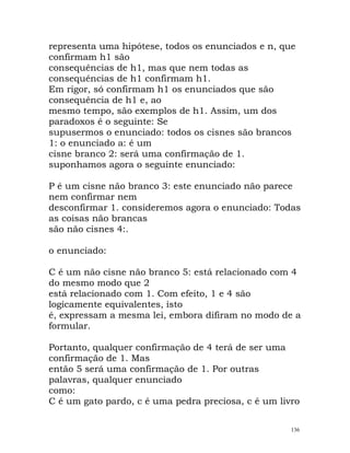 representa uma hipótese, todos os enunciados e n, que
confirmam h1 são
consequências de h1, mas que nem todas as
consequências de h1 confirmam h1.
Em rigor, só confirmam h1 os enunciados que são
consequência de h1 e, ao
mesmo tempo, são exemplos de h1. Assim, um dos
paradoxos é o seguinte: Se
supusermos o enunciado: todos os cisnes são brancos
1: o enunciado a: é um
cisne branco 2: será uma confirmação de 1.
suponhamos agora o seguinte enunciado:
P é um cisne não branco 3: este enunciado não parece
nem confirmar nem
desconfirmar 1. consideremos agora o enunciado: Todas
as coisas não brancas
são não cisnes 4:.
o enunciado:
C é um não cisne não branco 5: está relacionado com 4
do mesmo modo que 2
está relacionado com 1. Com efeito, 1 e 4 são
logicamente equivalentes, isto
é, expressam a mesma lei, embora difiram no modo de a
formular.
Portanto, qualquer confirmação de 4 terá de ser uma
confirmação de 1. Mas
então 5 será uma confirmação de 1. Por outras
palavras, qualquer enunciado
como:
C é um gato pardo, c é uma pedra preciosa, c é um livro
136
 