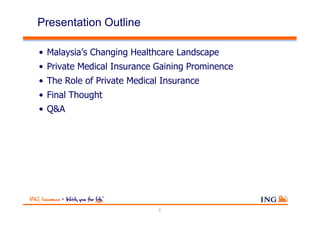 Presentation Outline

• Malaysia’s Changing Healthcare Landscape
• Private Medical Insurance Gaining Prominence
• The Role of Private Medical Insurance
• Final Thought
• Q&A




                             2
 