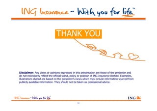THANK YOU



Disclaimer: Any views or opinions expressed in this presentation are those of the presenter and
do not necessarily reflect the official stand, policy or position of ING Insurance Berhad. Examples,
illustrations shared are based on the presenter’s views which may include information sourced from
publicly available information. They should not be taken as professional advice.




                                                  29
 