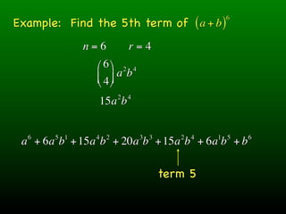 Example: Find the 5th term of ( a + b )
                                               6



             n=6           r=4
               ⎛ 6 ⎞ 2 4
               ⎜ 4 ⎟ ab
               ⎝ ⎠
                       2   4
               15a b


  6    5 1     4   2           3 3      2 4   1 5   6
 a + 6a b + 15a b + 20a b + 15a b + 6a b + b

                                     term 5
 