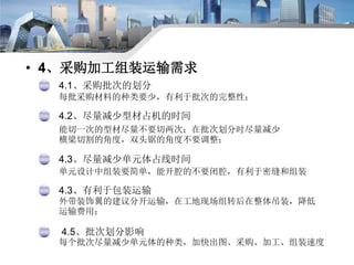 Beijing Jangho Curtain Wall CO., Ltd
• 4、采购加工组装运输需求
4.1、采购批次的划分
每批采购材料的种类要少，有利于批次的完整性；
4.2、尽量减少型材占机的时间
能切一次的型材尽量不要切两次；在批次划...