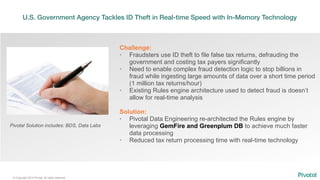 © Copyright 2014 Pivotal. All rights reserved.
Challenge:
• Fraudsters use ID theft to file false tax returns, defrauding the
government and costing tax payers significantly
• Need to enable complex fraud detection logic to stop billions in
fraud while ingesting large amounts of data over a short time period
(1 million tax returns/hour)
• Existing Rules engine architecture used to detect fraud is doesn’t
allow for real-time analysis
Solution:
• Pivotal Data Engineering re-architected the Rules engine by
leveraging GemFire and Greenplum DB to achieve much faster
data processing
• Reduced tax return processing time with real-time technology
Pivotal Solution includes: BDS, Data Labs
U.S. Government Agency Tackles ID Theft in Real-time Speed with In-Memory Technology
 
